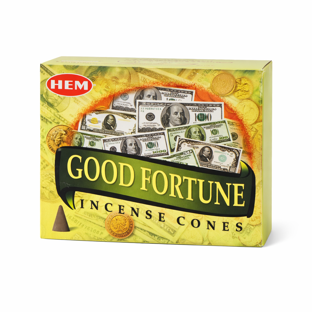 Box of HEM Good Fortune Incense Cones with dollar bill design on a white background