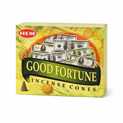 Box of HEM Good Fortune Incense Cones with dollar bill design on a white background