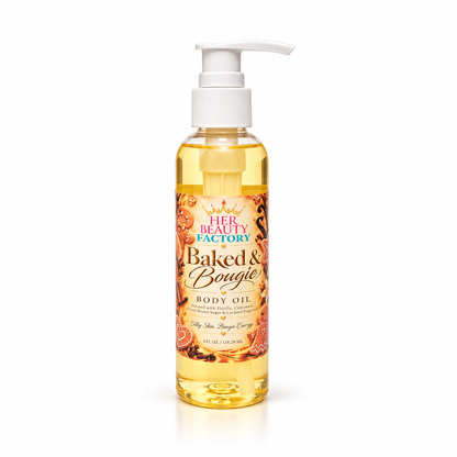 A bottle of Her Beauty Factory Baked & Bougie Body Oil in the Sweet Skin Bougie Cream scent, featuring golden-yellow oil inside a clear bottle with a white pump dispenser and a decorative label.