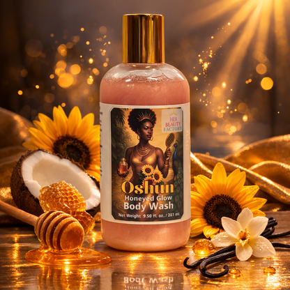 Oshun Honeyed Glow Body Wash bottle with sunflowers, coconut, and honeycomb on a wooden surface.