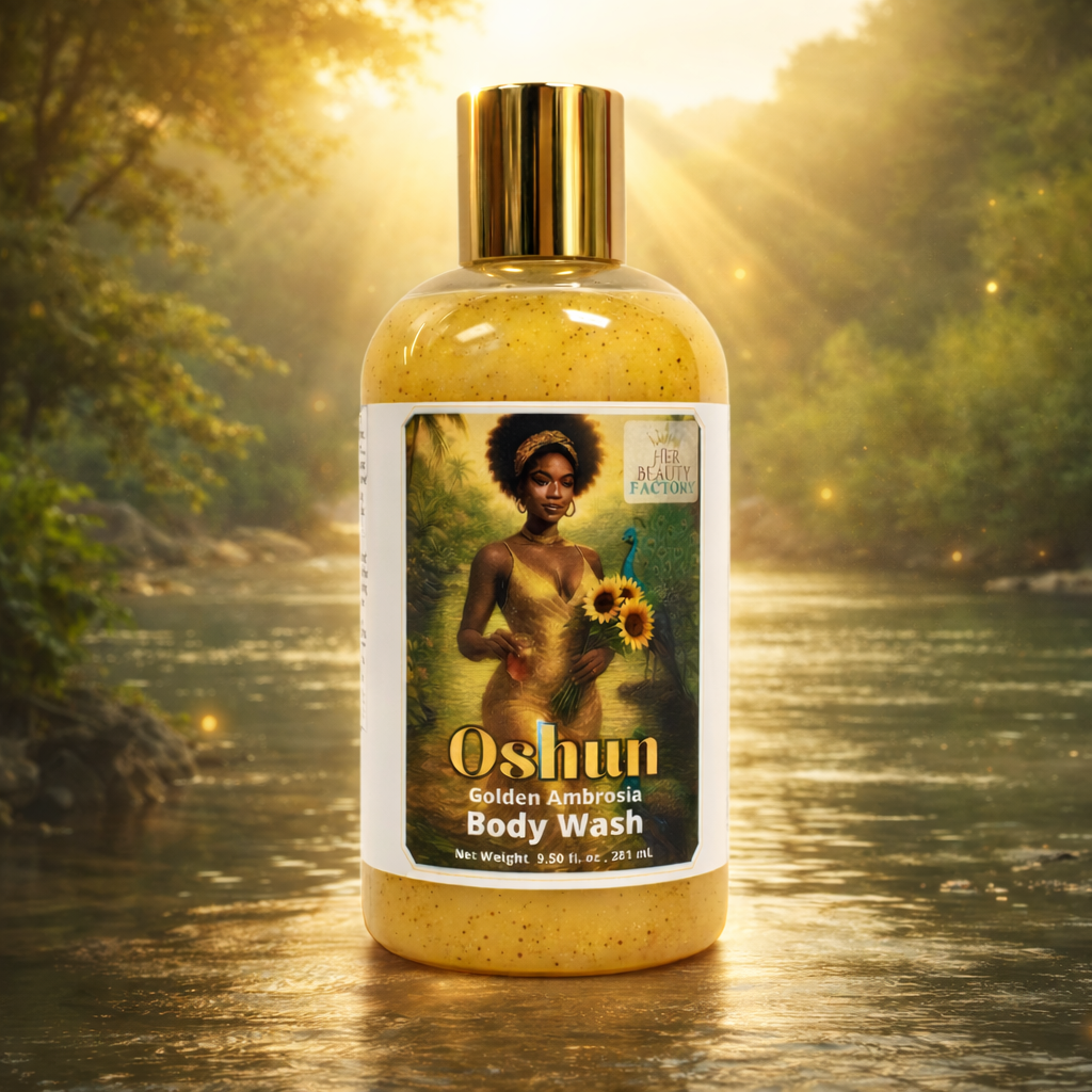 Oshun Golden Ambrosia Body Wash bottle with a scenic background