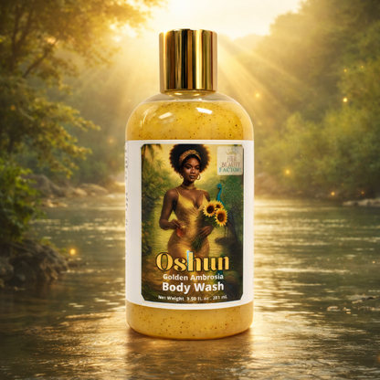 Oshun Golden Ambrosia Body Wash bottle with a scenic background