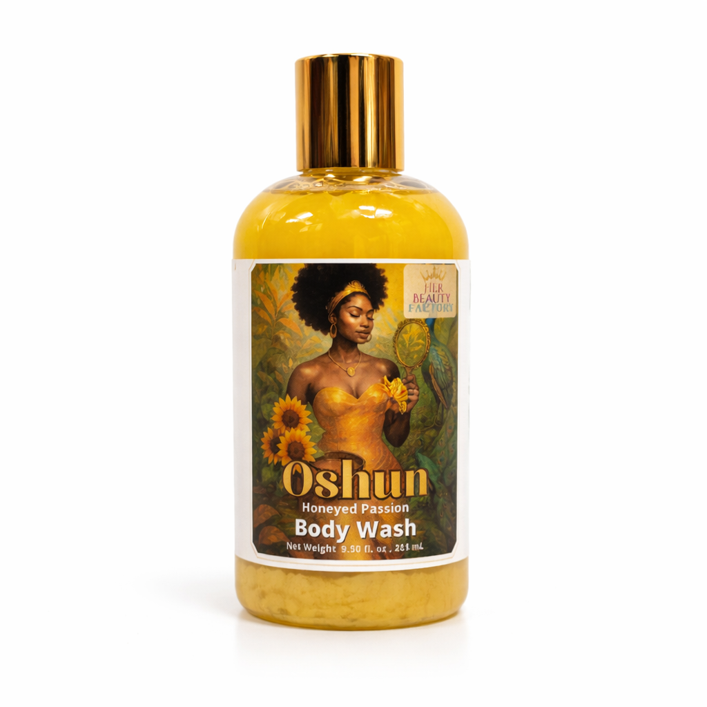 Oshun Honeyed Passion Body Wash bottle with a label featuring a woman and sunflowers on a white background