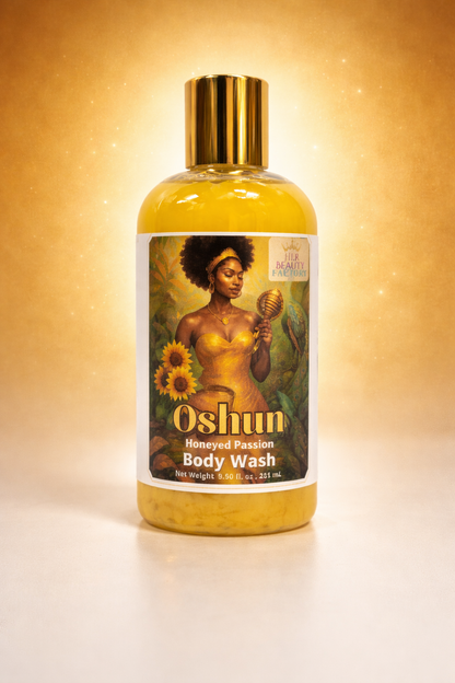 Oshun Honeyed Passion Body Wash bottle with a gold cap on a beige background