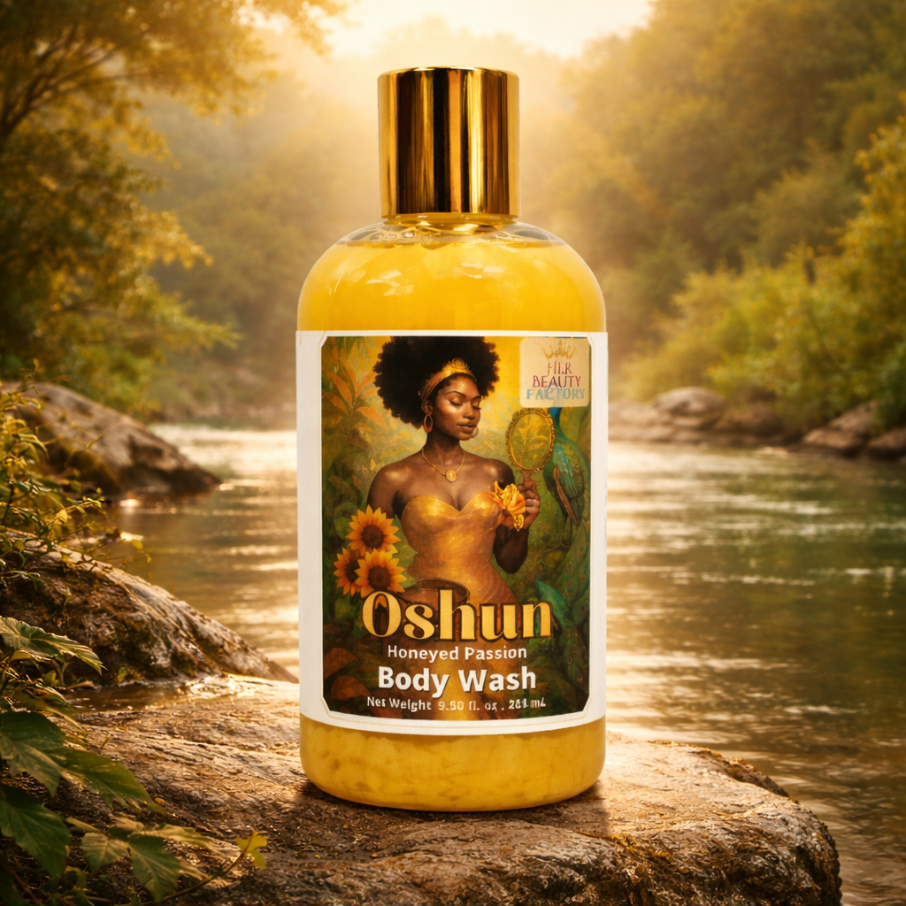 Oshun body wash bottle with a scenic background
