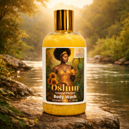 Oshun body wash bottle with a scenic background