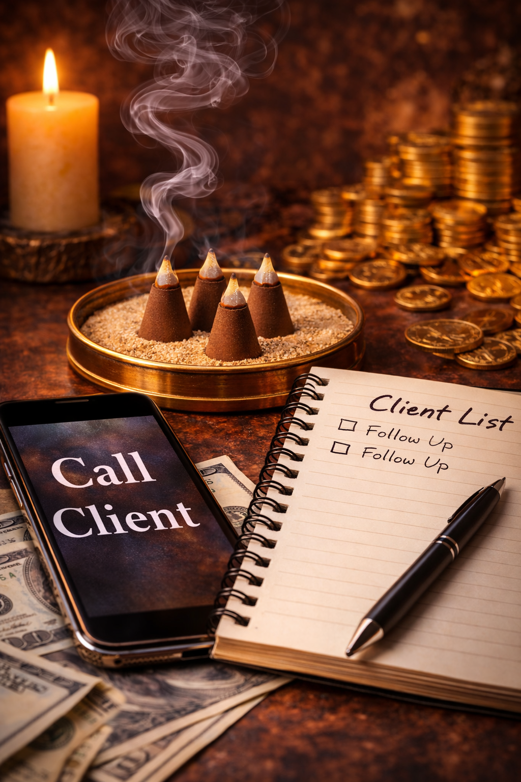 Phone with 'Call Client' text, notebook with 'Client List' and pen, incense cones, and coins on a wooden surface.