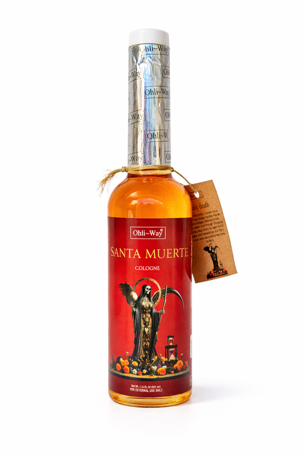 Bottle of Santa Muerte cologne with a red label on a white background