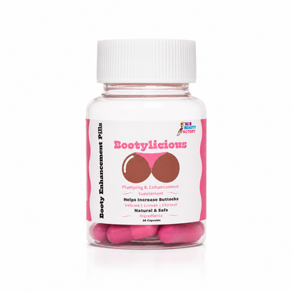 A clear plastic bottle of Bootylicious Plumping & Enhancement pills with a white cap, containing pink capsules, on a white background.