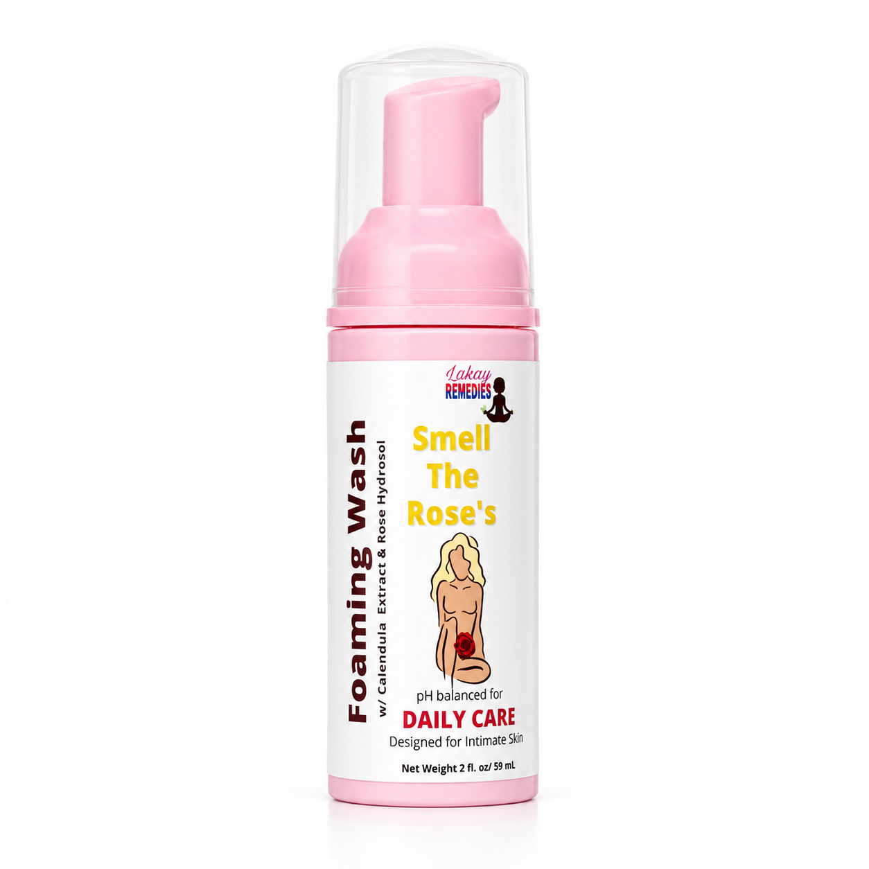 A bottle of Lakay Remedies 'Smell The Rose's pH balanced daily care foaming wash. The product features a pink pump dispenser and a white label with pink and yellow text, set against a plain white background.