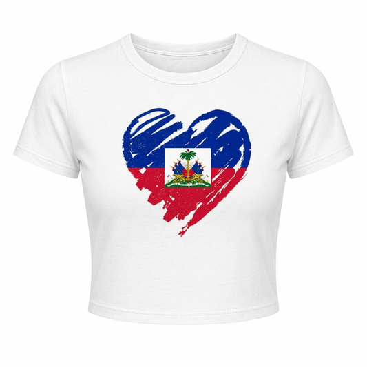White crop top with a heart-shaped design featuring the Haitian flag on a white background