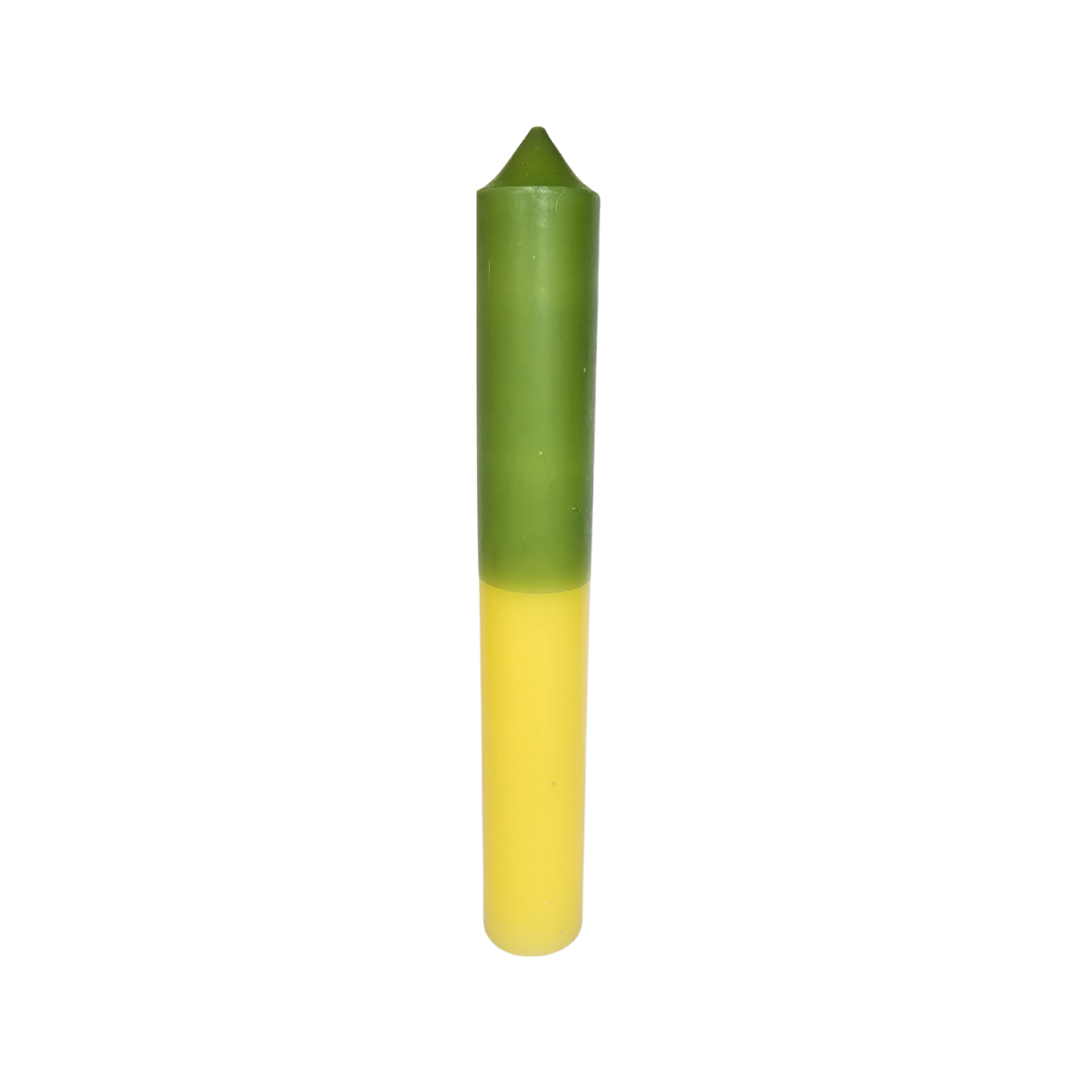 Two-tone green and yellow candle on a white background
