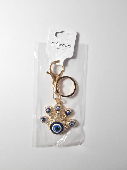 Gold Palm with 6 Turkish Blue Evil Eye Keychain