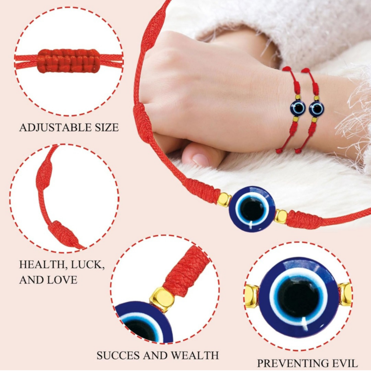 Blue Evil Eye 7 Knot Red String Adjustable Bracelet -  Unisex - Good Luck Bracelet - Protection Bracelet