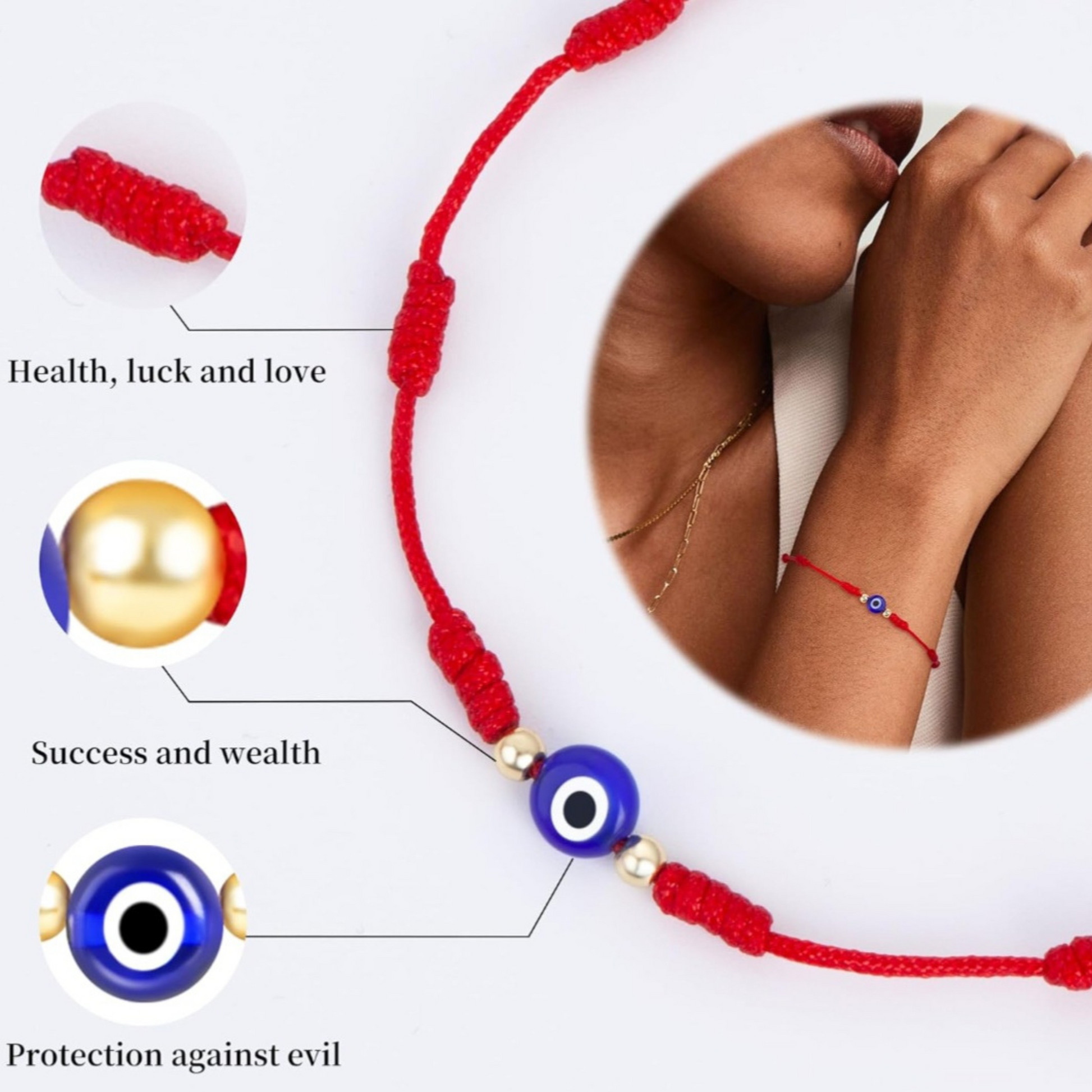 Blue Evil Eye 7 Knot Red String Adjustable Bracelet -  Unisex - Good Luck Bracelet - Protection Bracelet